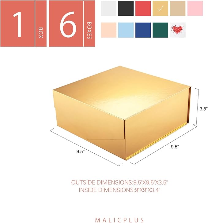 6 Gift Boxes with Lids 9x9x3.4 Inches, Gold Groomsmen Proposal Boxes with Magnetic Closure for All Occasion (Glossy Gold)