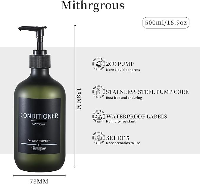 Shower Bottles Refillable with Labels(5Pack Green),Plastic Shampoo Bottles with Pump,Bathroom Bottles with Pump and Labels,Shampoo and Conditioner Bottles