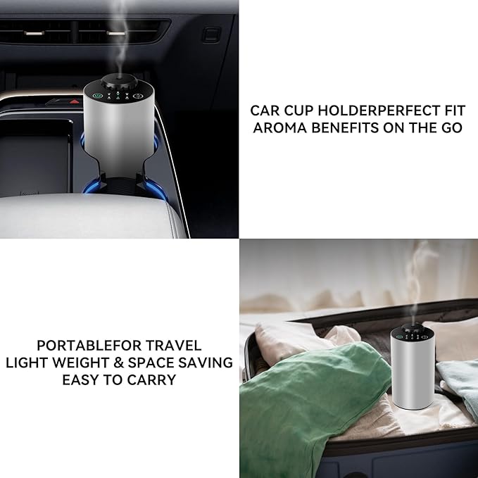 Waterless Essential Oil Diffuser Battery Operated Cordless Aromatherapy Diffuser with Timing & 3 Mist Levels car Diffuser，Black Aluminum Alloy (Silver)