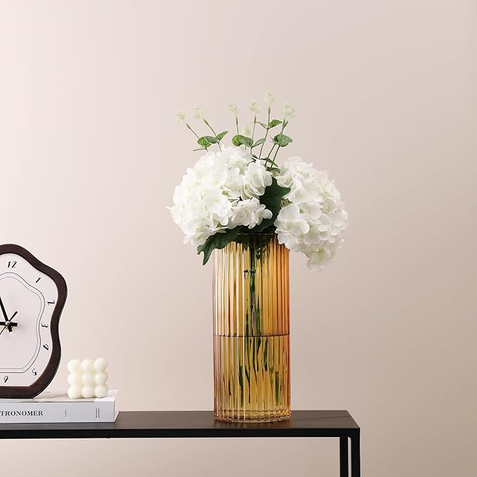 Amber Glass Vase for Flowers, Ribbed Glass Vases, Tall Glass Vases for Tulips, Modern Glass Vase for Living Room, Dining Table, Office, Wedding, Bookshelf, 12 Inches