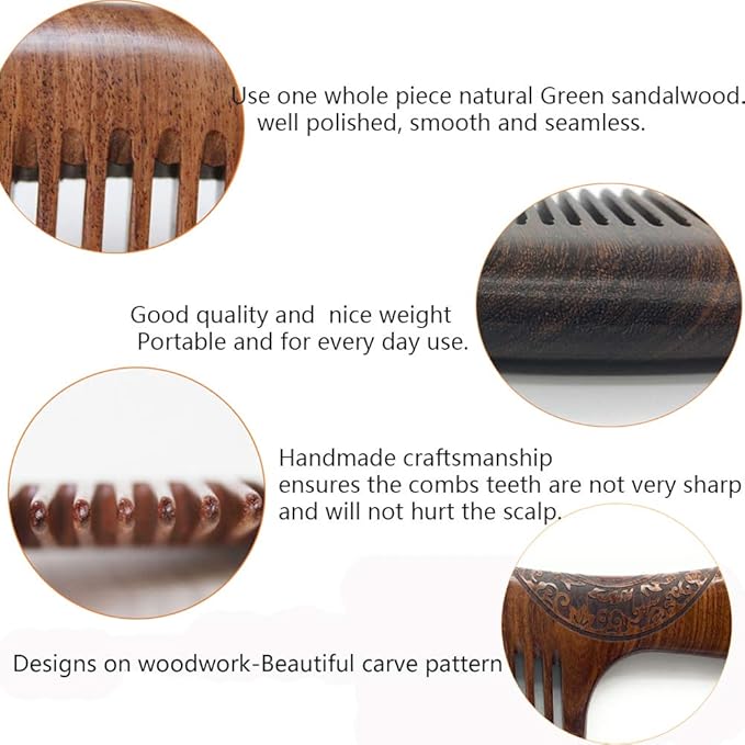 Natural Handmade Sandalwood Comb - Fine Tooth for Wavy, Thick, Thin, Straight Hair, No Static, No Snag, Reduce Tangles for Men, Women, Kids (Auspicious Carve Patterns)