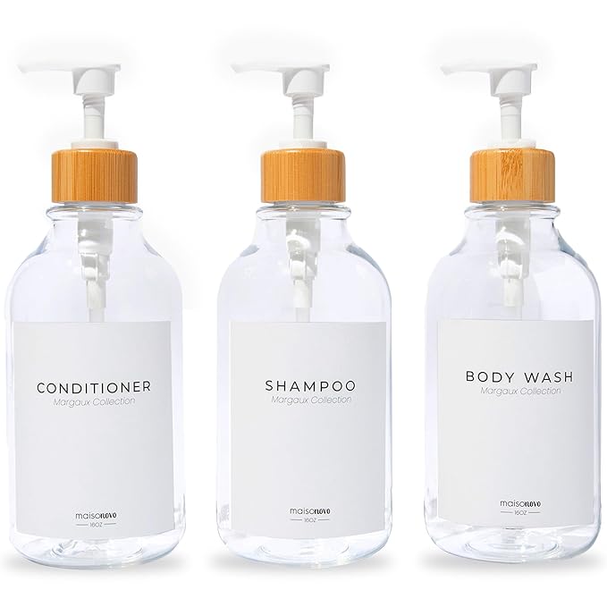 MaisoNovo Refillable Shampoo and Conditioner Bottles | 16.9 fl oz Set of 3 Clear Plastic Bottles White Bamboo Pumps