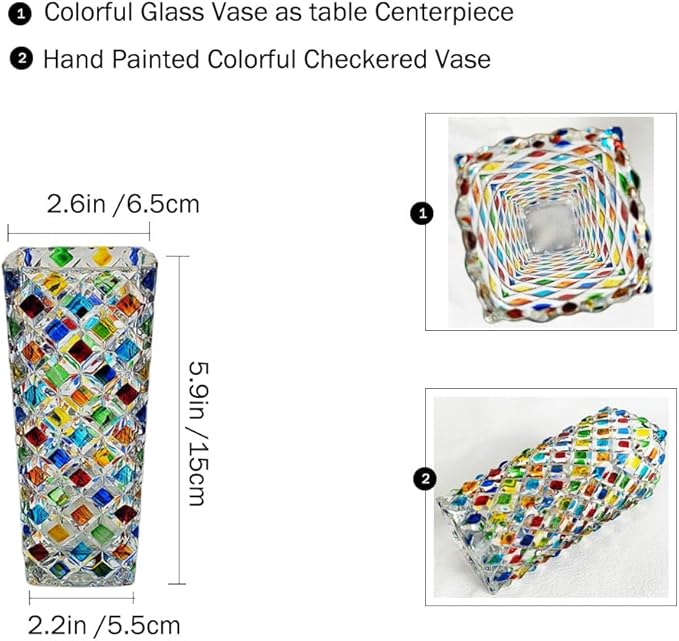 Colorful Checkered Glass Vase, Bright Multi Colored Crystal Diamond Vase Hand Painted