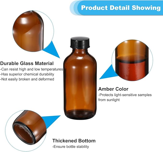 PATIKIL 4oz(120ml) Glass Sample Bottles, 24Pcs Round Bottle Dispensing Bottles with Black Poly Cone Cap for Reagent Liquids, Essential Oils, Perfume, Amber