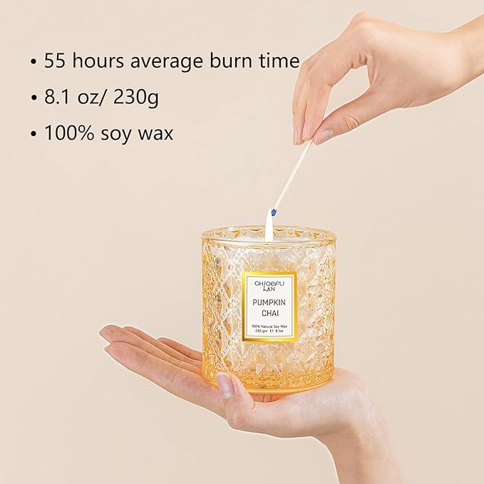 Chloefu LAN Pumpkin Chai Candles Halloween Candle Gift, Farmhouse Candles for Home, Luxury Scented Soy Jar Fall Candle with up to 55 Hour Long Lasting, Home Decor, Barn Fall Decor Pottery, 8.1oz