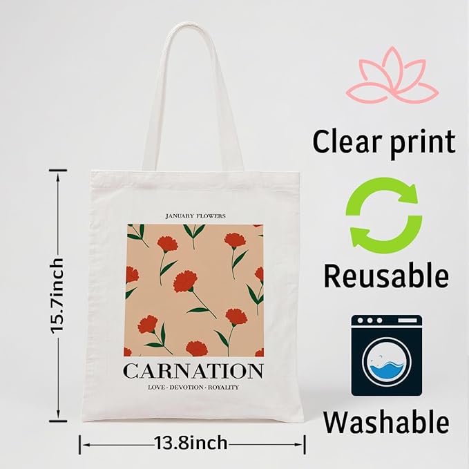 Flower Canvas Tote Bag, Carnation Printing Reusable Shoulder Bags, Gifts to Friends and Family, Holiday Gift Bags for Wrap Storage, Casual Canvas Totes for Work Traveling