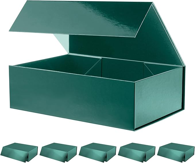 6 Large Gift Boxes with Lids 13.5x9x4.1 Inches, Green Groomsmen Proposal Gift Boxes with Magnetic Closure for Father's Day or All Occasion (Glossy Green)