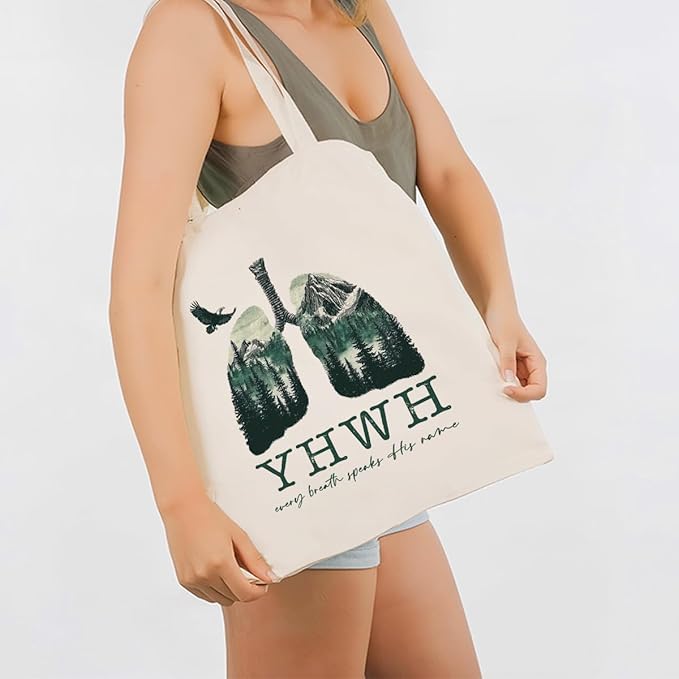 Christian Canvas Tote Bag, YHWH Every Breath Speaks His Name Tote Bag, Christian Canvas Totes for Work Traveling, Reusable Grocery Shoulder Shopping Bags, Christmas Gifts to Women Friends