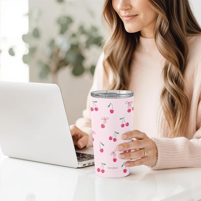 SANDJEST Cherry Tumbler 20oz, Stainless Steel Travel Cup with Lid, Insulated Coffee Mug, Cherry Gifts for Women Girls Friends Sisters on Birthday Christmas