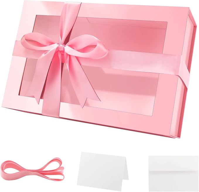 PACKQUEEN Large Pink Gift Box with Window, 13.5x9x4.1 Inches Clear Mothers Day Gift Box for Present Contains Ribbon, Card, Bridesmaid Proposal Box with Magnetic Lid (Glossy Pink)