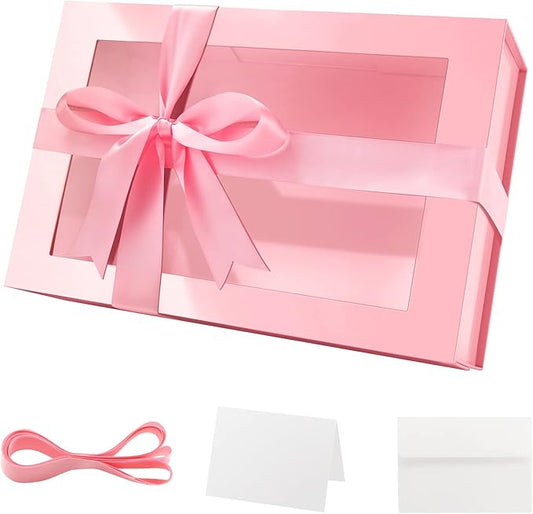 PACKQUEEN Large Pink Gift Box with Window, 13.5x9x4.1 Inches Clear Mothers Day Gift Box for Present Contains Ribbon, Card, Bridesmaid Proposal Box with Magnetic Lid (Glossy Pink)