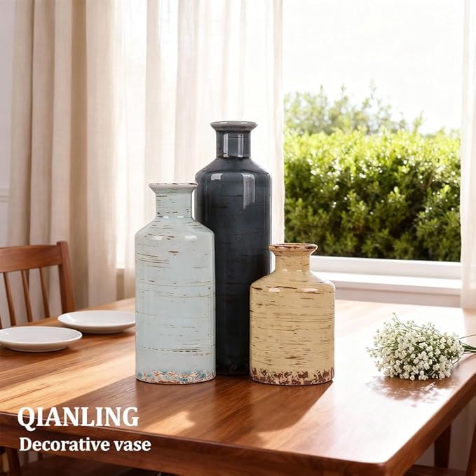 Ceramic Vase Set of 3-3 Neutral Vases Home Decor, Farmhouse Country Flower Vase, Vases for Centerpieces, Living Room Decoration, Table Decoration, Fireplace Decor, and Entrance Decorations