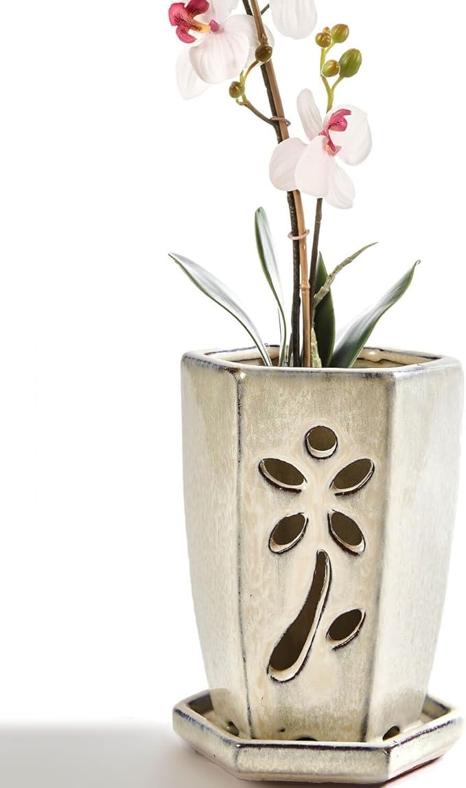 vensovo 4 Inch Ceramic Orchid Pots with Holes and Saucers - 1 Pcs Small Hexagon Succulent Pot for Repotting, Garden Flowerpots for Plants Indoor and Outdoor Promotes Air Circulation, (Milk White)