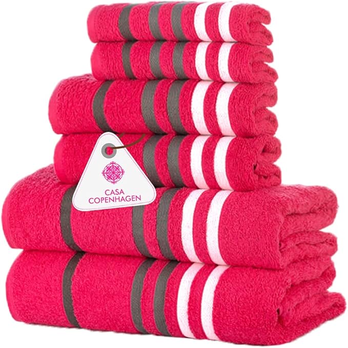 CASA COPENHAGEN Exotic 6 Pieces Towel Set- Pink, 525 GSM 2 Bath Towel 2 Hand Towel 2 Washcloth, Designed in Denmark Made of Soft Egyptian Cotton for Bathroom, Kitchen & Shower