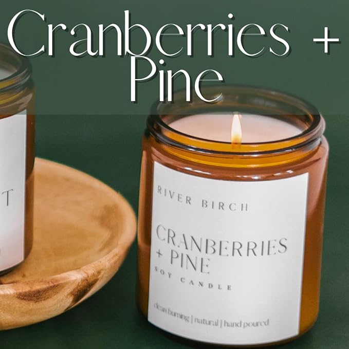 River Birch Candles Cranberries + Pine Scented Candle | Premium, All-Natural, Non-Toxic, Soy Amber Jar Candles | 8.5oz 40 Hr Burn Time | Cozy Relaxing Gifts for Home