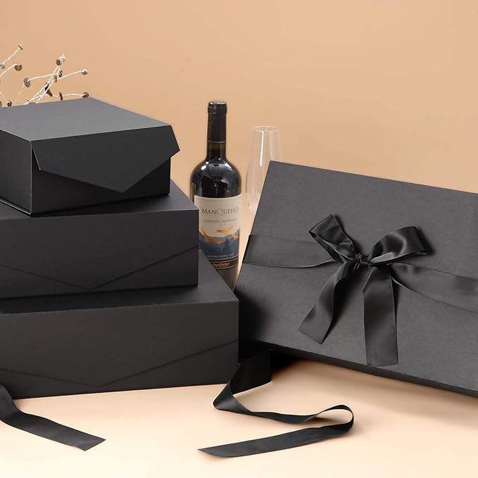 JINMING Large Gift Box with Ribbon 13.5x9x4.1 Inches, Black Box for Gifts, Groomsman Proposal Box for Mother's Day, Father's Day, Collapsible with Magnetic Closure