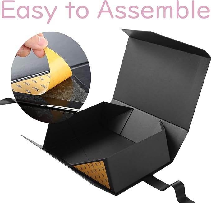 JINMING Large Gift Box with Ribbon 13.5x9x4.1 Inches, Black Box for Gifts, Groomsman Proposal Box for Mother's Day, Father's Day, Collapsible with Magnetic Closure