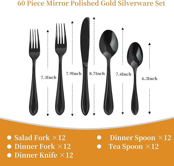 Black Silverware Set, 60-Piece Stainless Steel Flatware for 12, Heavy-Duty 18/0 Stainless Steel Utensils,Mirror Polished Dishwasher Safe for Home & Kitchen Dining