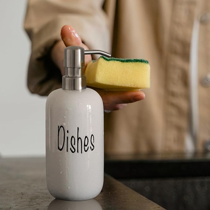 18oz Ceramic Soap Dispenser Set (2 Pack) with Stainless Steel Pump & Bamboo Tray, Bathroom & Kitchen