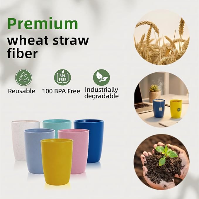 LNTPP 12oz Wheat Straw Cups, 6-Pack - Thickened Reusable & Microwave Safe, Dishwasher Friendly Eco-Cups for Home & Kitchen