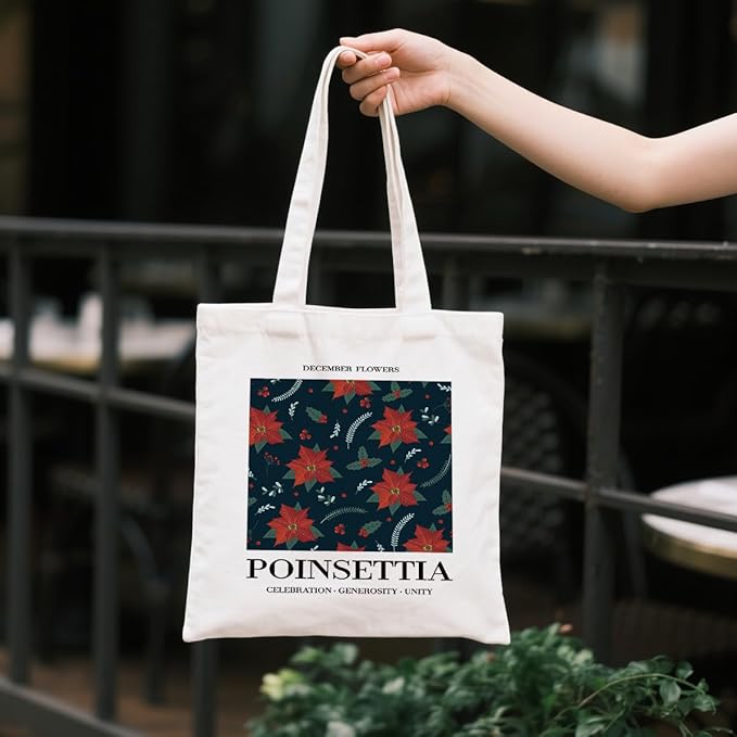 Flower Canvas Tote Bag, December Poinsettia Reusable Shoulder Bags, Christmas Gifts to Sister and Friends, Casual Canvas Totes for Work Traveling, Holiday Gift Bags for Wrap Storage