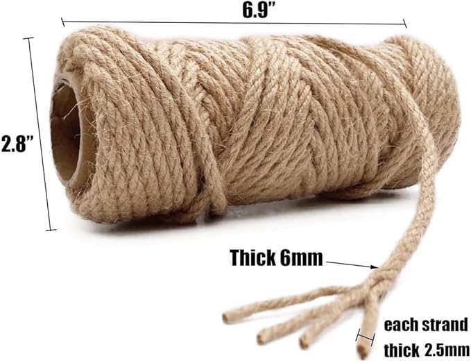Leecogo 6mm Jute Rope, 66 Feet 4 Ply Heavy Duty and Thick Twine Rope for Gardening, Crafting, Packing, Bundling and Home Decor
