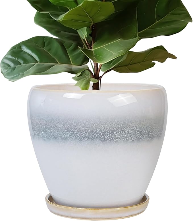 Ceramic Planter - 10 Inch Plant Pot with Drainage Hole and Plant Saucer, Round Decorative Large Flower Pots Indoor Outdoor, Home Patio Porch Room Decor, Birthday Gifts, White-Grey