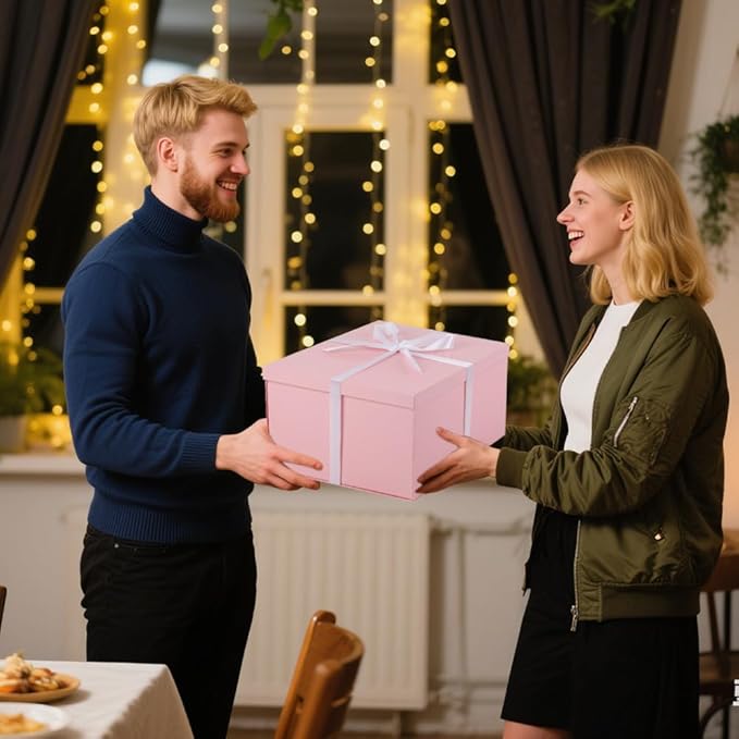 UoeRing 2Pcs Pink Extra Large gift box with lids 13×13×7 Inches gift boxes for presents,Birthday Box (include Ribbon, Paper Shred Filler Gift Card & Envelopes)