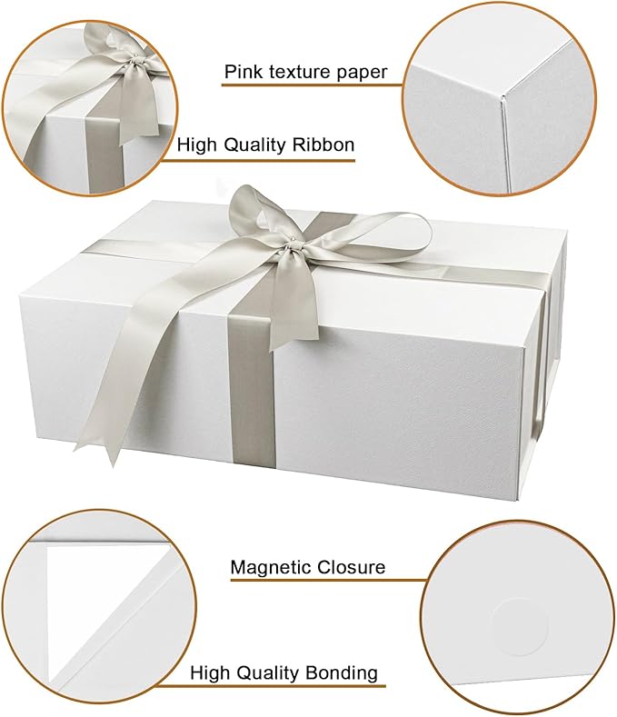 YINUOYOUJIA 3 Pack Large White Gift Boxes with Lid,14"x9"x4.5" Magnetic Gift Box with Ribbon,Cards and Envelopes for Presents,Great for Wedding,Birthdays,Crafting,Gift Packaging.