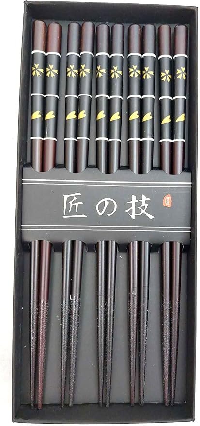 JapanBargain 4507, Bamboo Chopsticks Reusable Japanese Chinese Korean Wood Chop Sticks Hair Sticks 5 Pair Gift Boxed Set Dishwasher Safe, 9 inch (Gold-CherryBlossom)