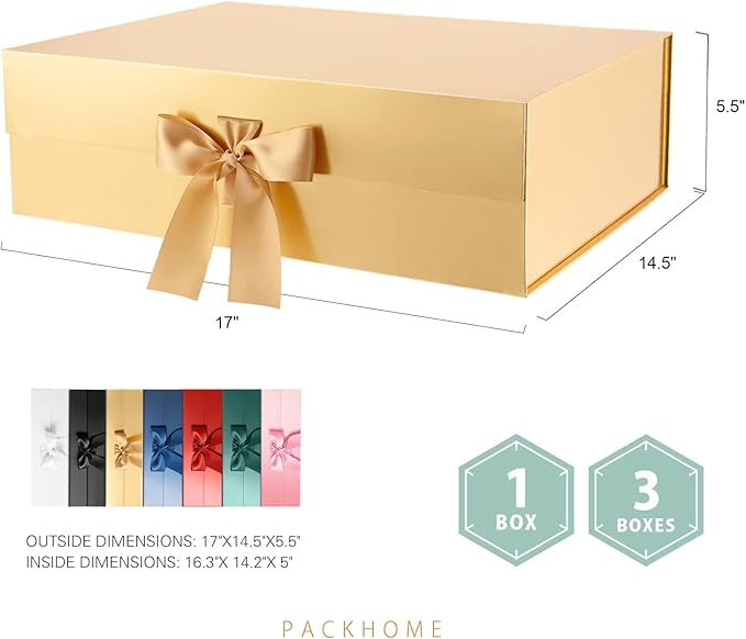 PACKHOME 17x14.5x5.5 Inches, 3 Extra Large Gift Boxes with Lids, Magnetic Closure Boxes with Ribbon for Clothes and Large Gifts (Glossy Gold)