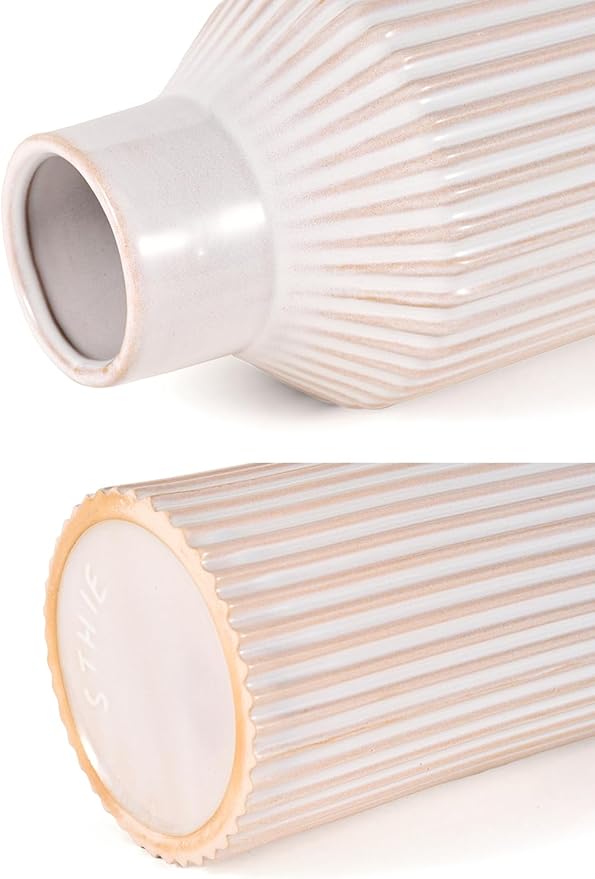 White Ceramic Flower Vase, Minimalist Home Decoration, 8 Inch Small Pampas Grass Vases for Kitchen, Bedroom, Office, Living Room, Bathroom, Shelf Centerpiece Table (White Beige)