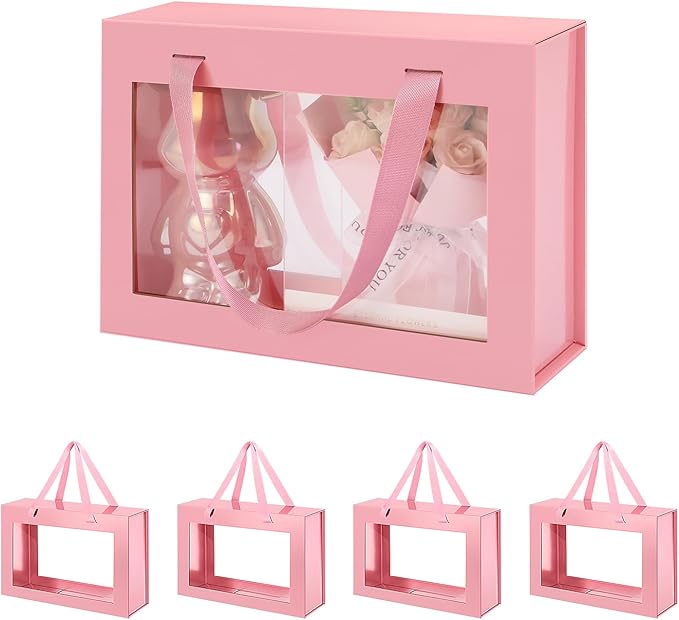 5 Pink Gift Boxes with Windows, Clear Magnetic Gift Boxes for Presents, Bridesmaid Proposal Boxes (11x8x3.2 Inches)