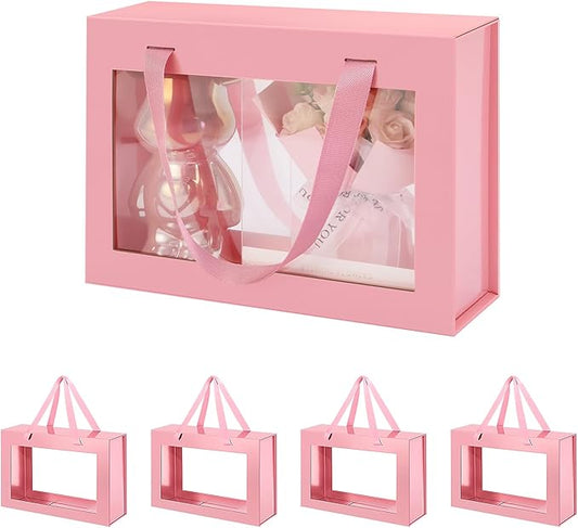 5 Pink Gift Boxes with Windows, Clear Magnetic Gift Boxes for Presents, Bridesmaid Proposal Boxes (11x8x3.2 Inches)
