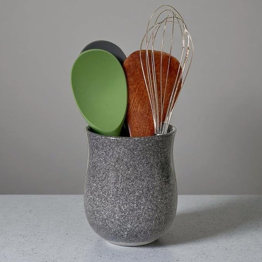 Medium Ceramic Kitchen Utensil Holder for Kitchen Counter Short Cooking Utensil Holder for Countertop Spatula Holder Small Utensil Crock Cutlery Holder Silverware Caddy Flower Vase (Volcanic Ash Grey)