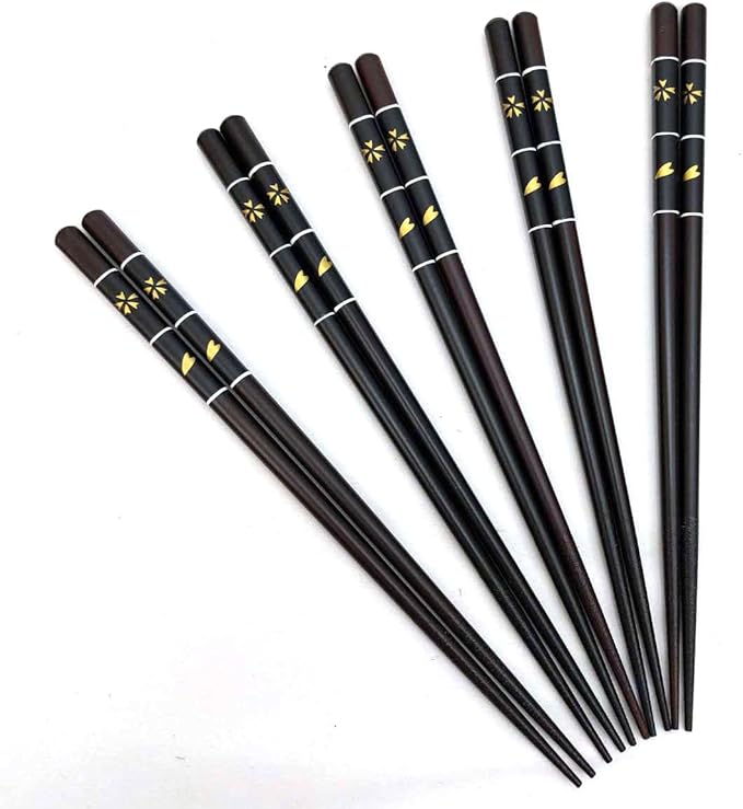 JapanBargain 4507, Bamboo Chopsticks Reusable Japanese Chinese Korean Wood Chop Sticks Hair Sticks 5 Pair Gift Boxed Set Dishwasher Safe, 9 inch (Gold-CherryBlossom)