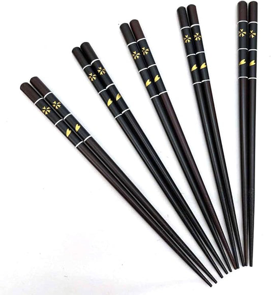JapanBargain 4507, Bamboo Chopsticks Reusable Japanese Chinese Korean Wood Chop Sticks Hair Sticks 5 Pair Gift Boxed Set Dishwasher Safe, 9 inch (Gold-CherryBlossom)