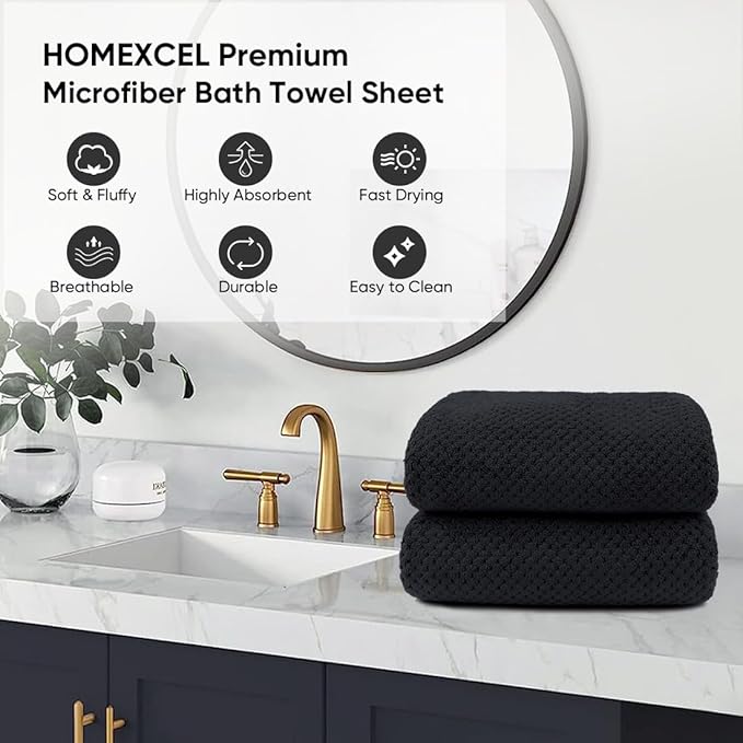 HOMEXCEL Bath Sheets Towels Set Pack of 2 (35 x 70 Inches), Ultra Soft Bath Towels for Bathroom, Lightweight and Quick Drying Towel for Body, Yoga, SPA, Fitness, Black