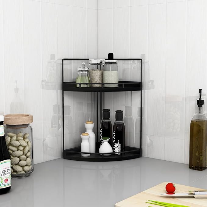 Dorhors 2-Tier Bathroom Counter Organizer,Vanity Counter Corner Shelf, Skincare, Wood Countertop Bathroom Storage and Organization for Kitchen (Black)