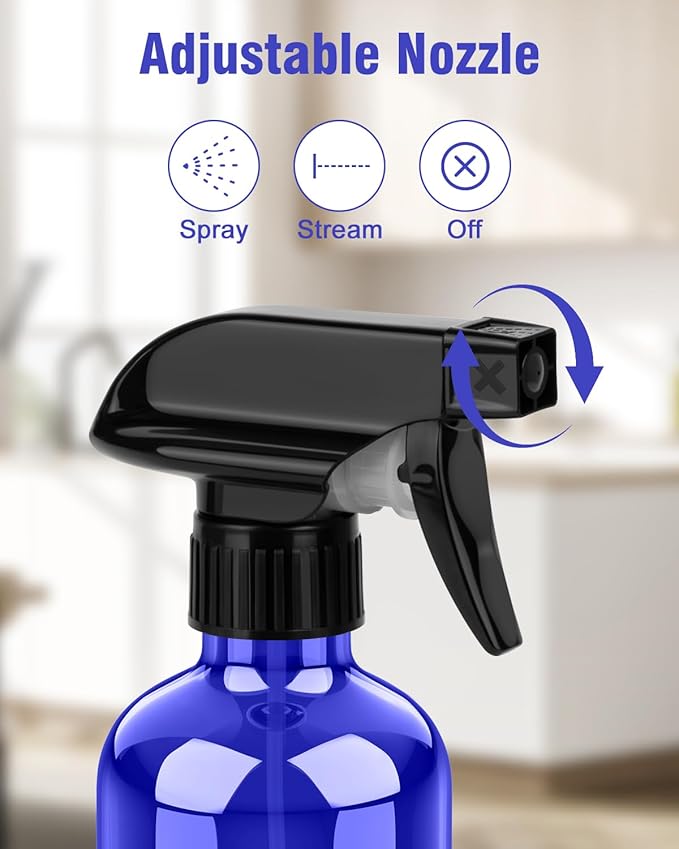 Glass Spray Bottle, Blue Glass Spray Bottle Set & Accessories Refillable for Plants Window Cleaners Aromatherapy Facial Hydration Watering Flowers Hair Care (2 Pack/8 oz) (Blue)