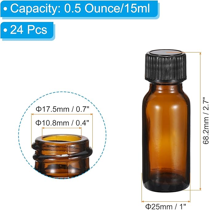PATIKIL 0.5oz(15ml) Glass Sample Bottles, 24Pcs Round Bottle Dispensing Bottles with Black Poly Cone Cap for Reagent Liquids, Essential Oils, Perfume, Amber