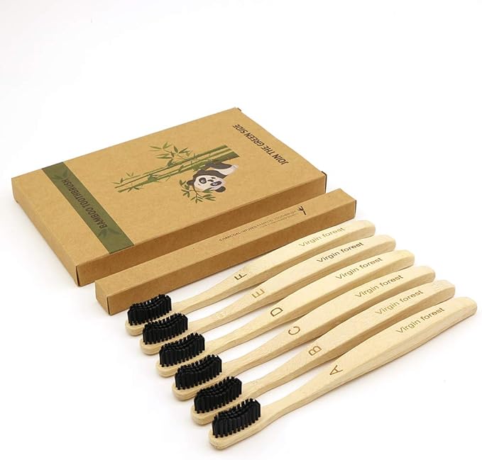 Virgin Forest Bamboo Toothbrush, Natural Eco Friendly Biodegradable Charcoal Tooth Brushes, Pack of 6