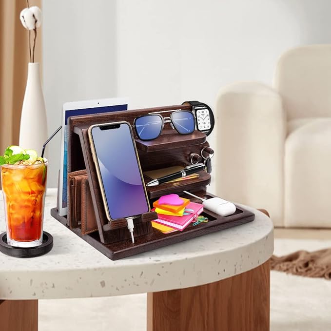 Wood Phone Docking Station - Gifts for Men Desk or Nightstand Organizer - Birthday Gifts for Husband, Fathers Day for Dad - Anniversary Idea from Wife - Key Holder, Stand Wallet, Watch & Essentials