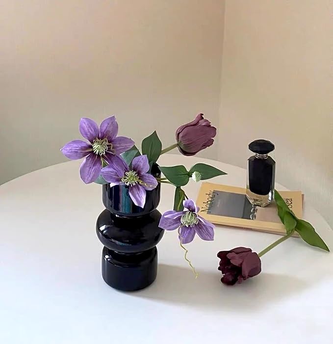 BLOFLO Black Glass Hydroponic Vase, 7Inches Glass Vase for Flower, Modern Geometric Three-Layer Floral Vases for Home Office, Wedding Table Decoration(Black)