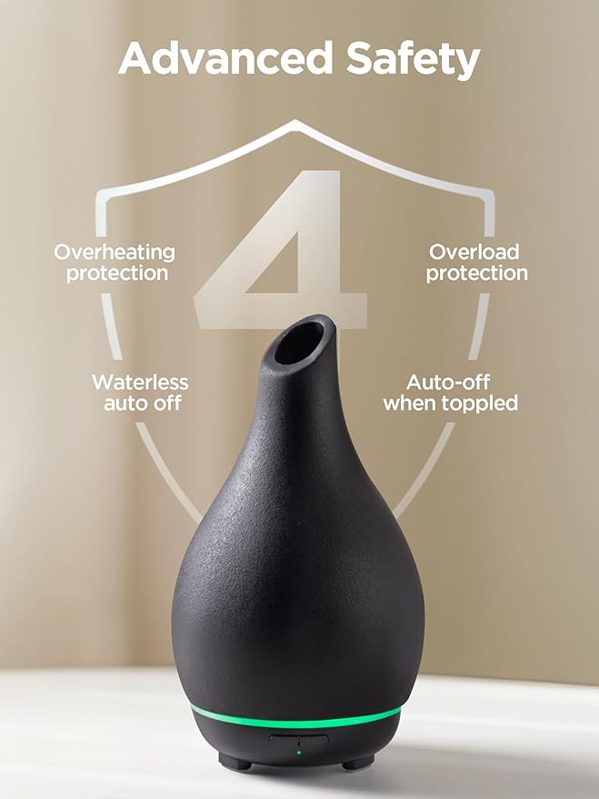 InnoGear Essential Oil Diffuser, 150ml Ceramic Diffuser Handcrafted Stone Aromatherapy Diffusers Ultrasonic Cool Mist Humidifier Vaporizer 2 Mist Modes Waterless for Home, Black Vase-Shaped Ceramic