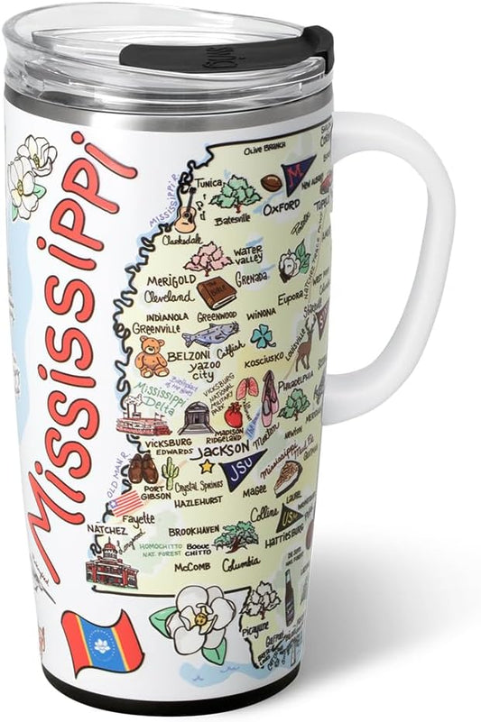 Swig Life 22oz Travel Mug, Insulated Tumbler with Handle and Lid, Travel Coffee Mug, Cup Holder Friendly, Stainless Steel 22 oz Tumbler, Reusable Insulated with Lid (Mississippi)