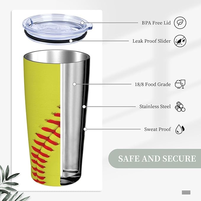 Softball Tumbler,Balls 20oz Stainless Steel Insulated Travel Tumblers,Travel Coffee Mug with Lid and Straw Water Bottle Drink Tumbler Cups Gifts for Women Men Lovers