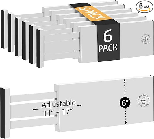 6 Pack Drawer Dividers 6 Inch High, 11”-17" Adjustable Bamboo Organizers Large Expandable Drawer Separators for Cloths, Dresser, Bedroom, Bathroom, Baby Drawer, Office & Kitchen Utensils (White)