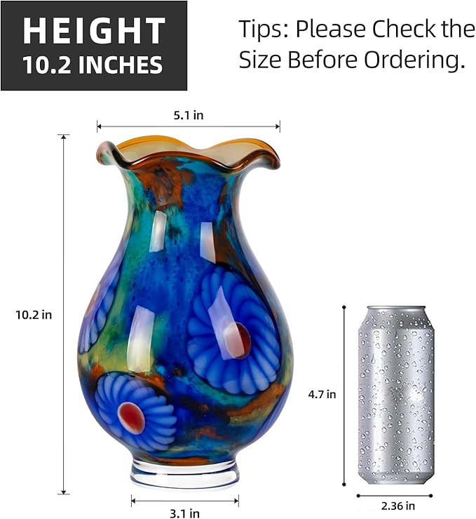 KAMMAK Colored Glass Vase, Beautiful Hand Blown Decorative Vase, Modern Art Vase for Flower Mantle Dining Table Centerpiece, Entryway Living Room Wedding Decoration, FH024