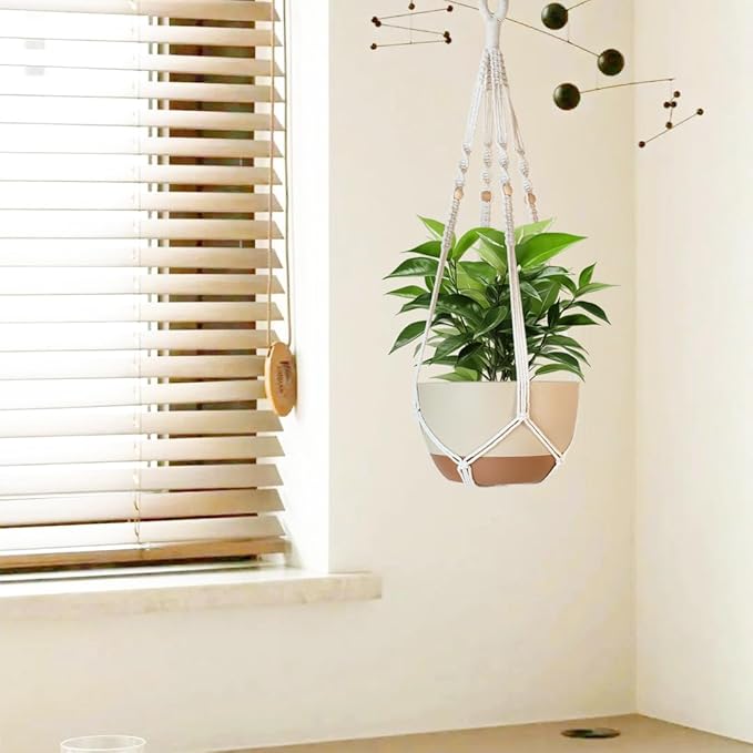 35 Inch Macrame Plant Hanger Indoor Outdoor Fits 4 to 15 inch pots Hanging Planter Basket with Wood Beads and No Tassels,Boho Home Decor,Ivory,Set of 2 (Pots Not Included)
